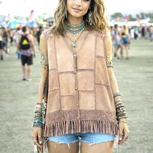 VTG Lisa International Patchwork Suede Vest Button Up Intricate Knit Fringe RARE